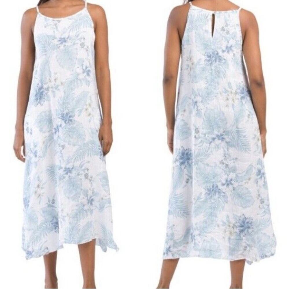 Lungo L’arno MEDIUM 100% Linen Sleeveless Midi Dress Floral A-Line Pockets NWT